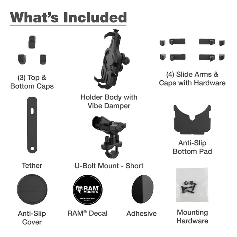 RAM U-Bolt Handlebar Rail Quick-Grip Pro Vibration Damping Phone Kit 1" Ball