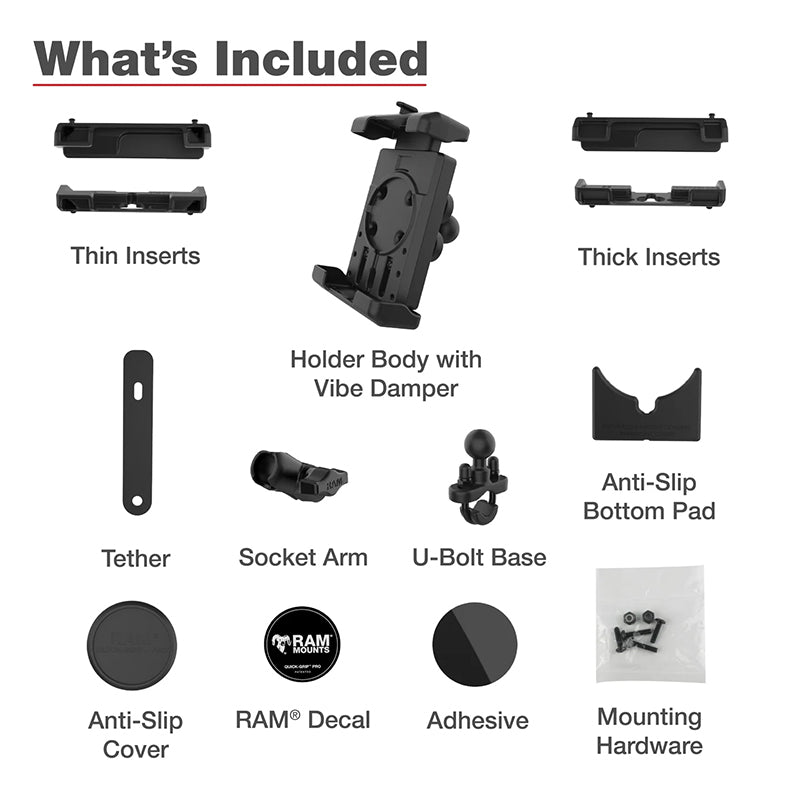 RAM U-Bolt Handlebar Rail Short Arm Quick-Grip Pro XL Vibration Damping Phone Kit 1" Ball