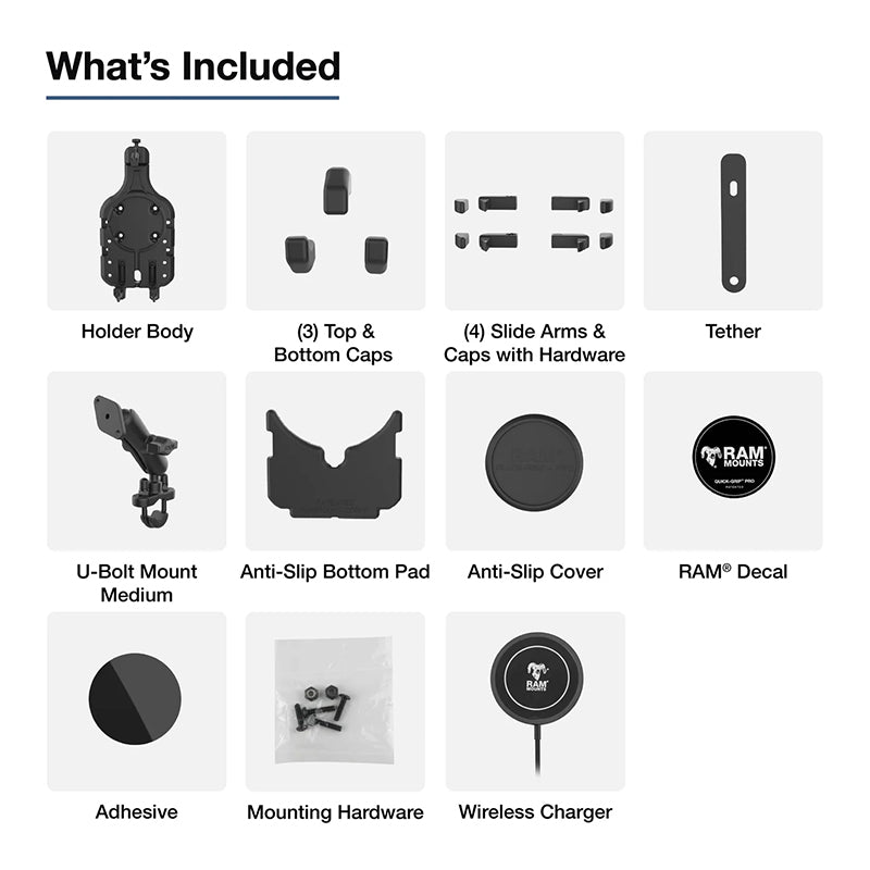 RAM U-Bolt Handlebar Quick-Grip Pro Phone Kit with 15W Qi2 Wireless Charger 1" Ball