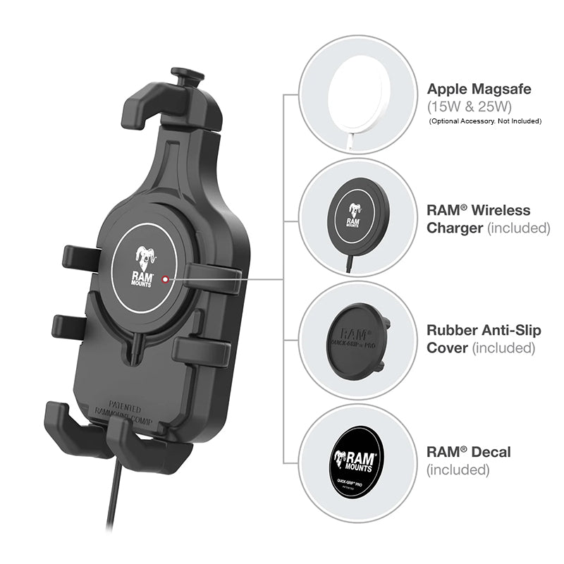 RAM U-Bolt Handlebar Quick-Grip Pro Phone Kit with 15W Qi2 Wireless Charger 1" Ball