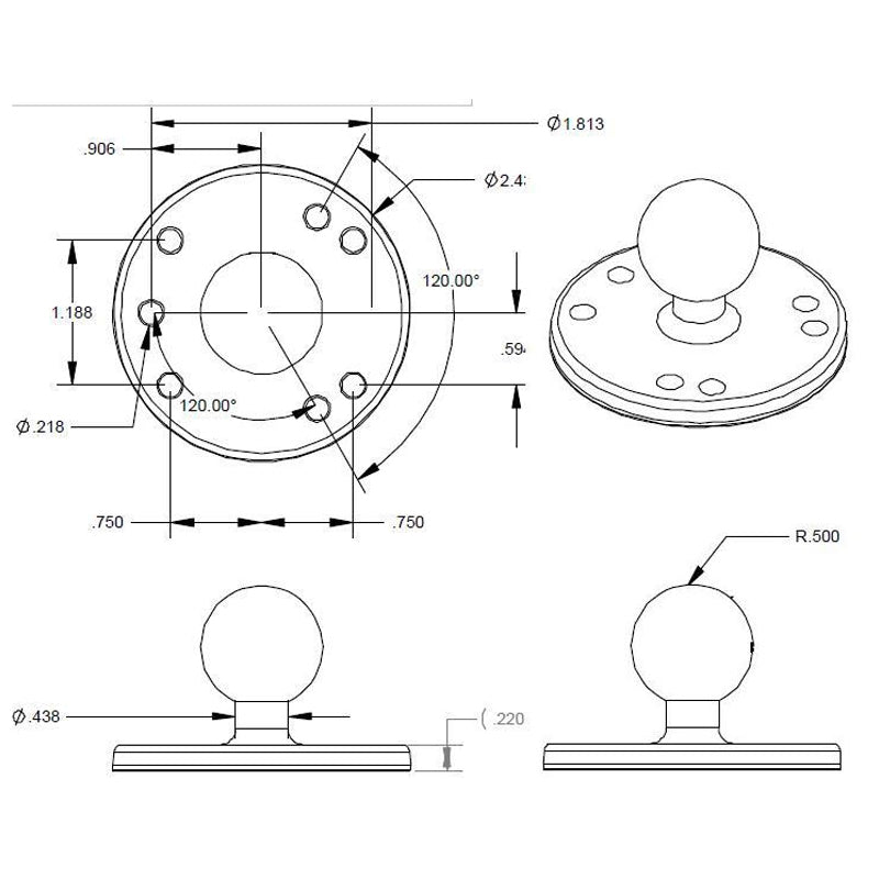 RAM 63mm Round Base 1" Ball
