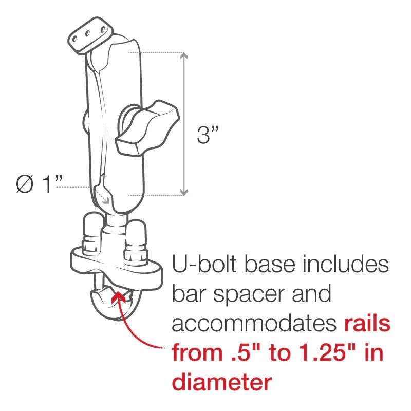 PROMOUNT - RAM 13mm - 32mm U - Bolt Handlebar Rail Mount Kit 1" Ball - RAM - B - 149ZU - C