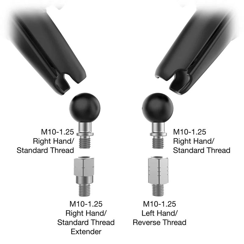 PROMOUNT-RAM Long Arm M10-1.25 & 1.5 Reverse Adapter Left & Right Tough Mirror Kit 1" Ball-