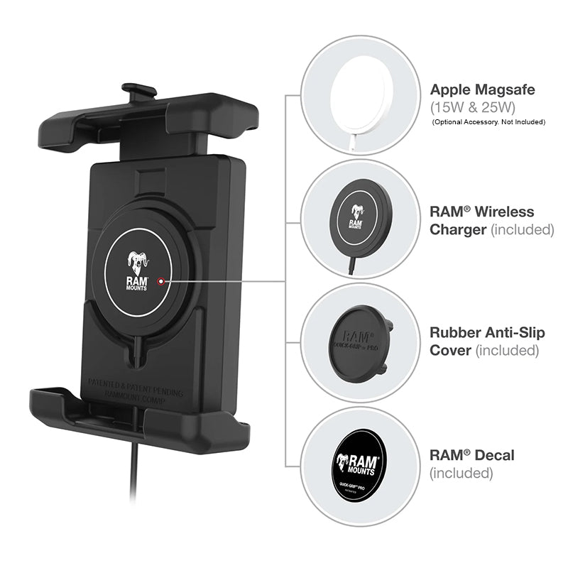 RAM U-Bolt Handlebar Quick-Grip Pro XL Vibration Damping Phone Kit & 15W Qi2 Charger 1" Ball
