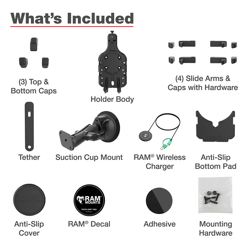 RAM Twist-Lock Suction Cup Quick-Grip Pro Phone Kit with 15W Qi2 Wireless Charger 1" Ball