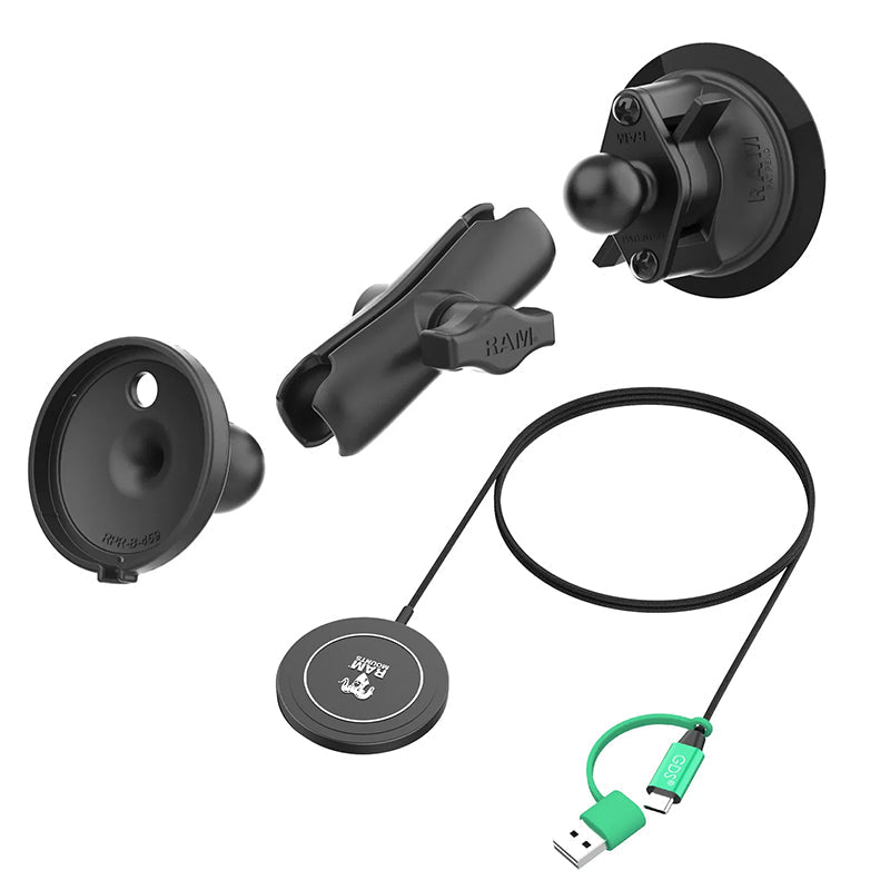 PROMOUNT-RAM Twist Lock Suction Cup Mount with 15W Qi2 Wireless Charger 1" Ball-RAM-B-166-AP-MAG-1-W2MU