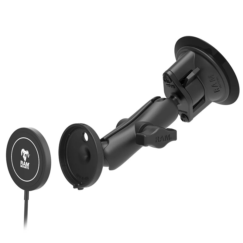 PROMOUNT-RAM Twist Lock Suction Cup Mount with 15W Qi2 Wireless Charger 1" Ball-RAM-B-166-AP-MAG-1-W2MU