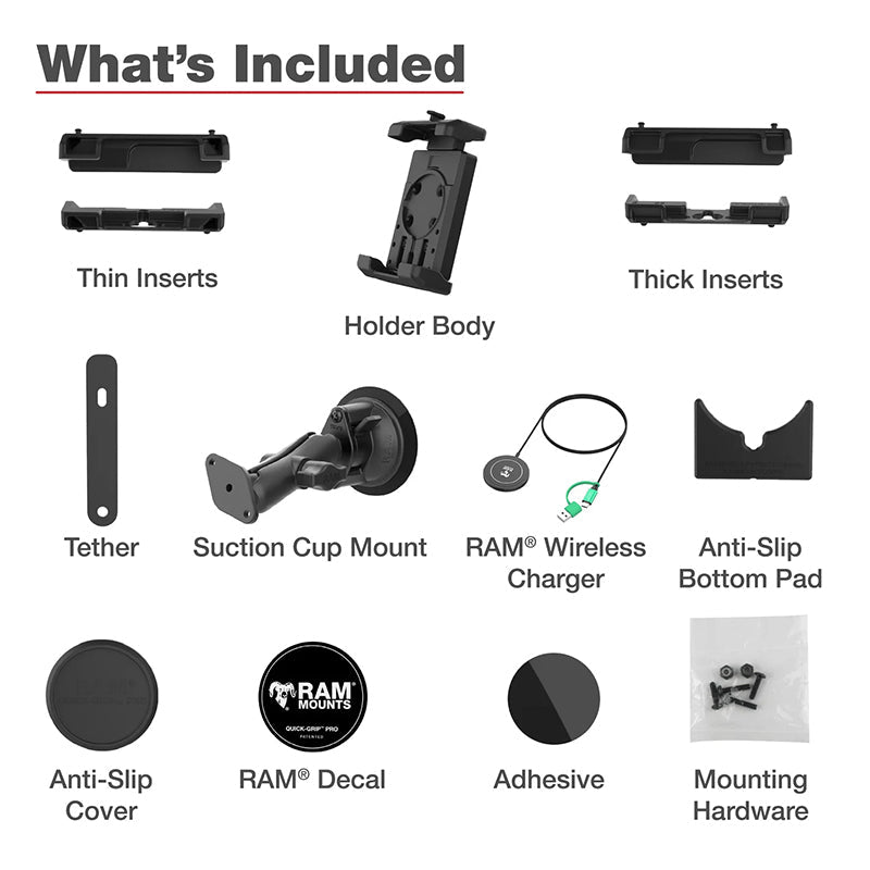 PROMOUNT-RAM Twist-Lock Suction Cup Quick Grip Pro XL Phone Holder with 15W Qi2 Charger 1" Ball-RAM-B-166-PD7-W2MU